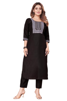 TP Studio Women's Straight Cotton Fabric Stitched Solid A-Line Calf Length Embroidered Round Neck 3/4 Sleeve Kurti Pant Sets