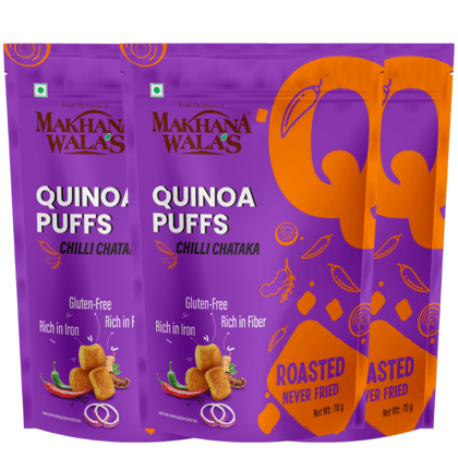 Makhanawala’s Quinoa puff | Chilli Chataka | Gluten Free Vegan Healthy Snacks | Rich in Protein & Calcium | 70 g Each (Pack of 3) (Chilli Chataka)