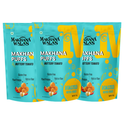 Makhanawala’s Makhana Puff | Buttery Tomato | Gluten Free Vegan Healthy Snacks | Rich in Protein & Calcium | Pack of 3, 60 g Each. (Buttery Tomato 60gm)