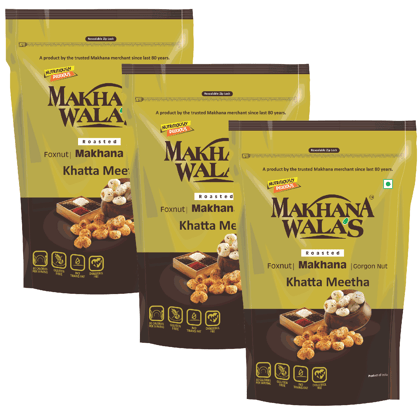 Makhanawala's Roasted & Flavoured Makhana (Foxnuts) | Gorgon nut | Gluten Free Vegan Snacks | Healthy Diet Immunity Booster Snacks | Khatta Meetha Flavored makhana, Pack of 3, 70g Each.