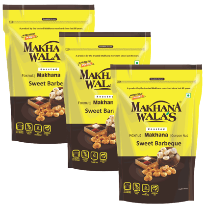 Makhanawala's Roasted & Flavoured Makhana (Foxnuts) | Gorgon nut | Gluten Free Vegan Snacks | Healthy Diet Immunity Booster Snacks | Sweet Barbeque Flavored makhana, Pack of 3, 70g Each.