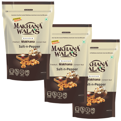 Makhanawala's Roasted & Flavoured Makhana (Foxnuts) | Gorgon nut | Gluten Free Vegan Snacks | Healthy Diet Immunity Booster Snacks | Salt & Pepper Flavored makhana, Pack of 3, 70g Each.