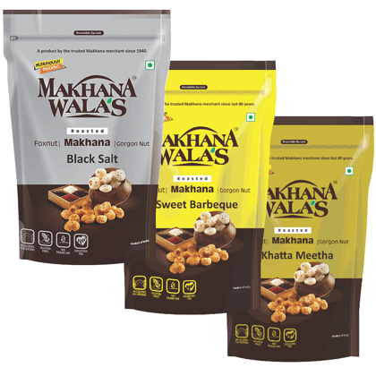 Makhanawala's Roasted & Flavoured Makhana (Foxnuts) | Gorgon nut | Gluten Free Vegan Snacks |Combo of Black Salt + Khatta Meetha + Sweet Babrbeque Flavored makhana, Pack of 3, 70 g Each.