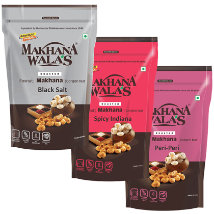 Makhanawala's Roasted & Flavoured Makhana (Foxnuts) | Gorgon nut | Gluten Free Vegan Snacks |Combo of Black Salt+Spicy Indiana+Peri Peri Flavored makhana, Pack of 3, 70g Each.