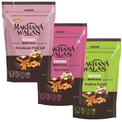 FROM THE HOUSE OF MAKHANAWALA’S Roasted Makhana (Foxnuts)/ Gorgon nut |Himalaya Pink Salt + Peri-Peri + Pudhina Punch| Gluten Free Vegan Snacks | Healthy Diet| Flavored makhana, Pack of 3, 70 g Each.