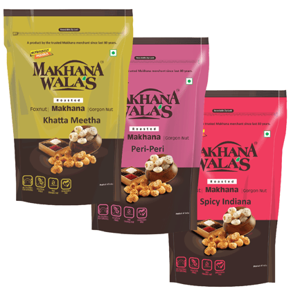 Makhanawala's Roasted & Flavoured Makhana (Foxnuts) | Gorgon nut | Gluten Free Vegan Snacks |Combo of Khatta Meetha+Peri Peri+Spicy Indiana Flavored makhana, Pack of 3, 70 g Each.