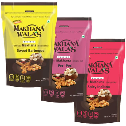 Makhanawala's Roasted & Flavoured Makhana (Foxnuts) | Gorgon nut | Gluten Free Vegan Snacks |Combo of Sweet Barbeque+Peri Peri+Spicy Indiana Flavored makhana, Pack of 3, 70 g Each.