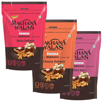 FROM THE HOUSE OF MAKHANAWALA’S Roasted Makhana (Foxnuts)/ Gorgon nut | Spicy Indiana + Cheesy Italiana + Peri Peri | Gluten Free Vegan Snacks | Healthy Diet | Flavored makhana, Pack of 3, 70 g Each.