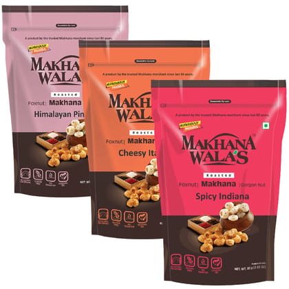 Makhanawala's Roasted Makhana/Water Lilly Pops/Gorgon Nut | Combo of Himalayan Pink Salt + Cheesy Italiana + Spicy Indiana | Healthy Makhana Snack, 3 Packs, 70 g Each.
