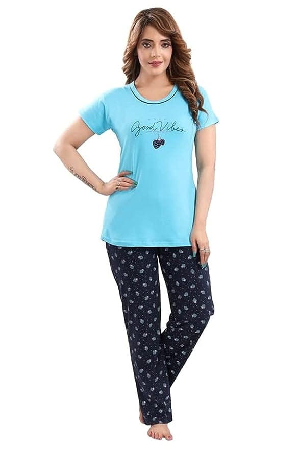 Women's Cotton Printed Night Suit Set of Top & Pant