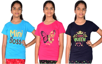 JILZ  Girls Printed Pure Cotton T Shirt  (Multicolor, Pack of 3)
