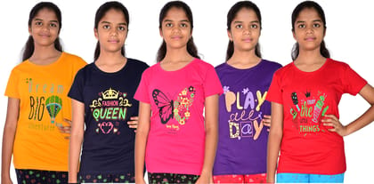 JILZ  Girls Printed Pure Cotton T Shirt  (Multicolor, Pack of 5)