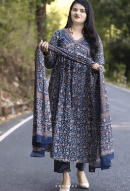 Floral Print Anarkali Kurta with Pants & Dupatta