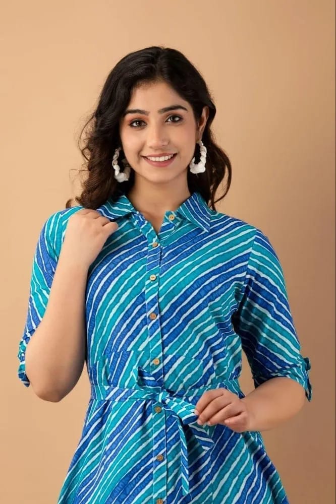 Blue Printed Cotton Kaftan Dress