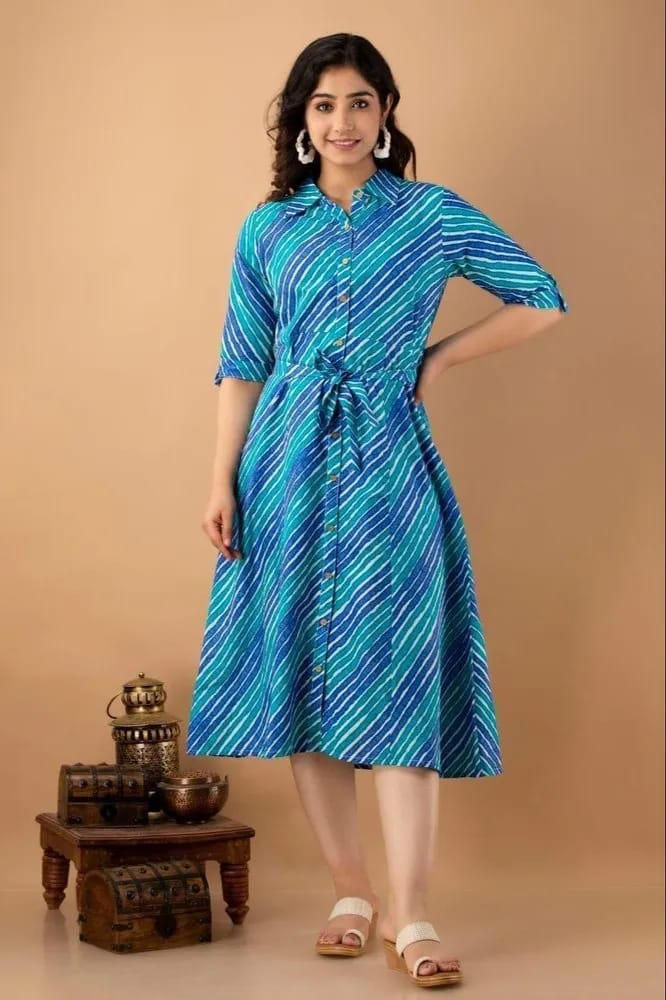 Blue Printed Cotton Kaftan Dress
