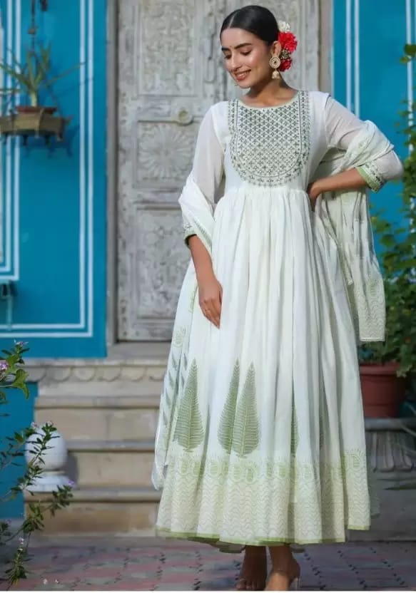 Women's Cotton Floral Print Embroidered Stitched Anarkali white color Stylish Kurti/Kurta Set with Pant & Dupatta