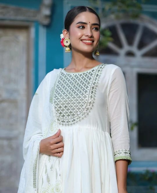 Women's Cotton Floral Print Embroidered Stitched Anarkali white color Stylish Kurti/Kurta Set with Pant & Dupatta