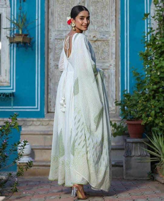 Women's Cotton Floral Print Embroidered Stitched Anarkali white color Stylish Kurti/Kurta Set with Pant & Dupatta