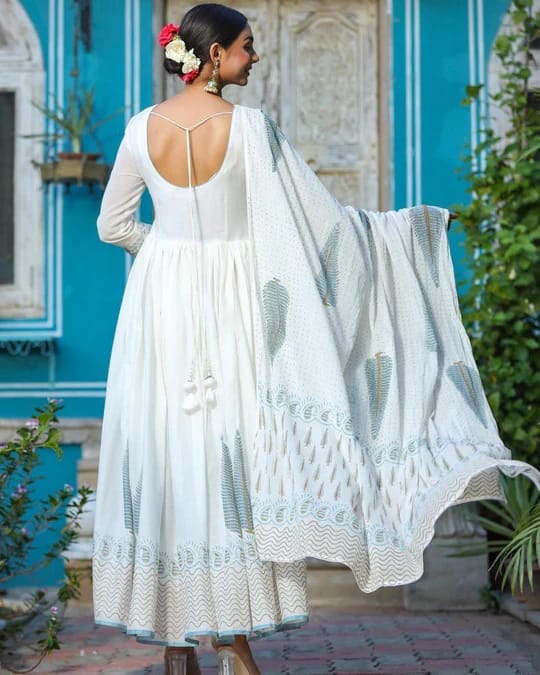 Women's Cotton Floral Print Embroidered Stitched Anarkali white color Stylish Kurti/Kurta Set with Pant & Dupatta