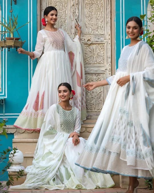 Women's Cotton Floral Print Embroidered Stitched Anarkali white color Stylish Kurti/Kurta Set with Pant & Dupatta