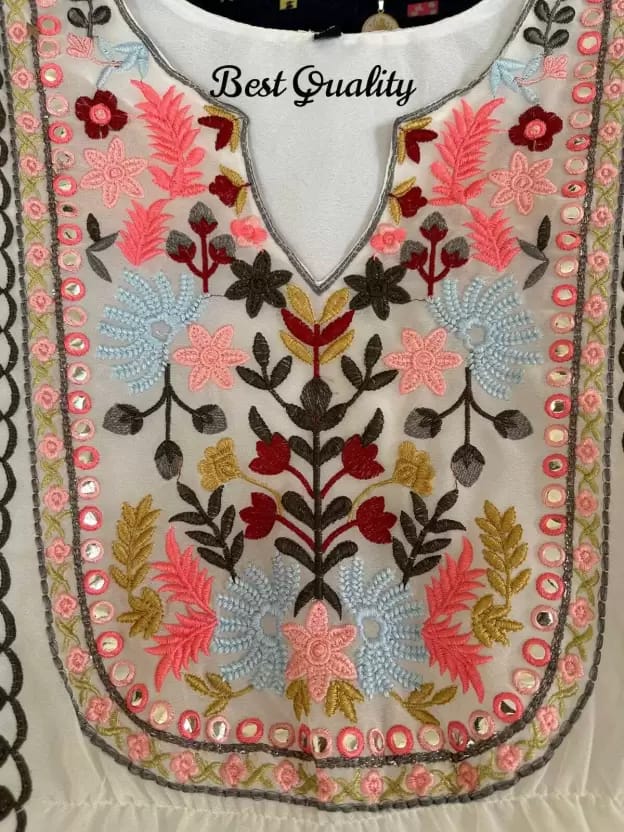 Women's Cotton Floral Print Embroidered Stitched Anarkali white Stylish Kurti/Kurta Set with Pant & Dupatta in white