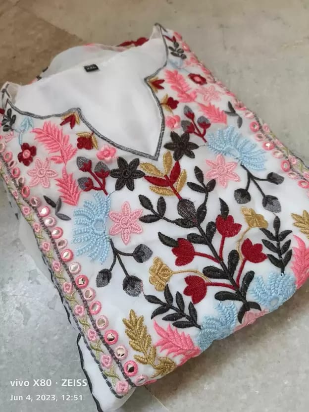 Women's Cotton Floral Print Embroidered Stitched Anarkali white Stylish Kurti/Kurta Set with Pant & Dupatta in white