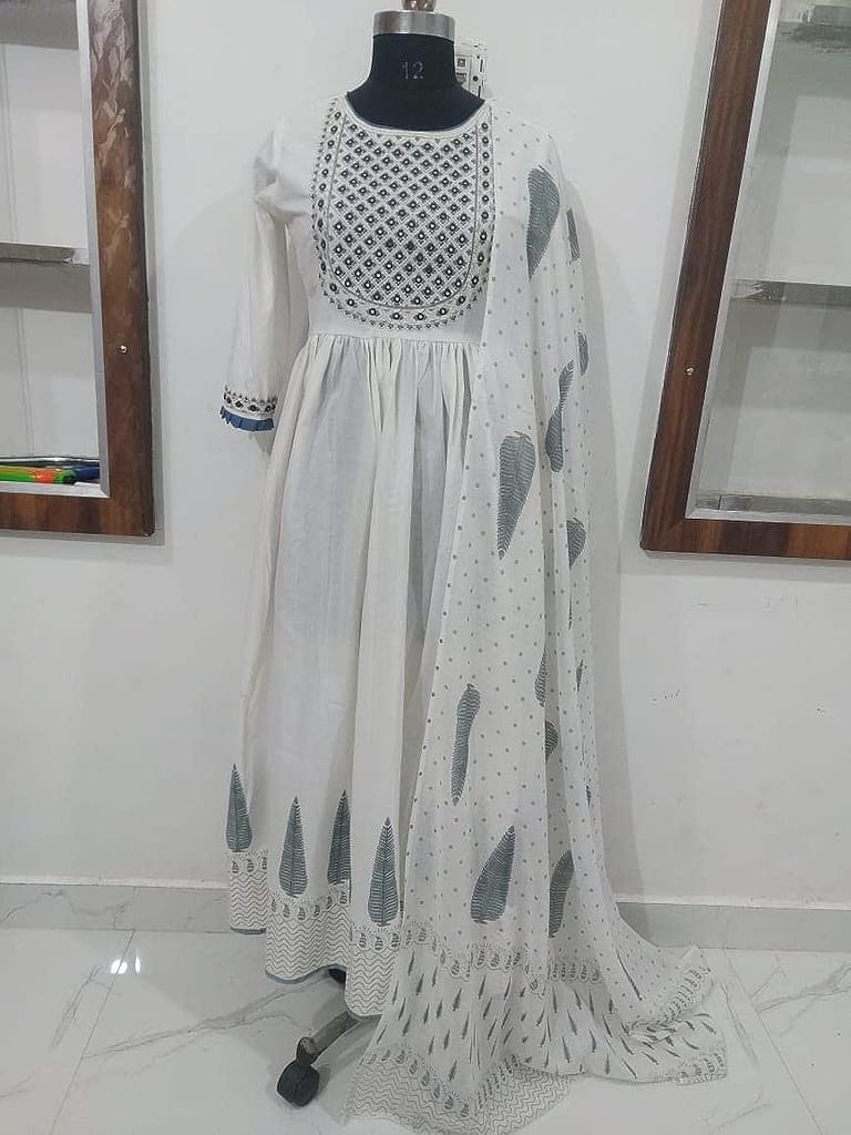 Women's Cotton Floral Print Embroidered Stitched Anarkali white&green  Stylish Kurti/Kurta Set with Pant & Dupatta in Blue