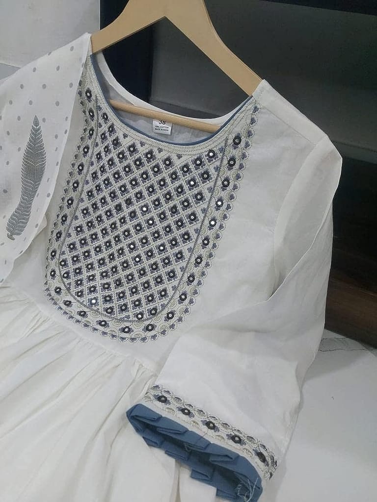 Women's Cotton Floral Print Embroidered Stitched Anarkali white&green  Stylish Kurti/Kurta Set with Pant & Dupatta in Blue