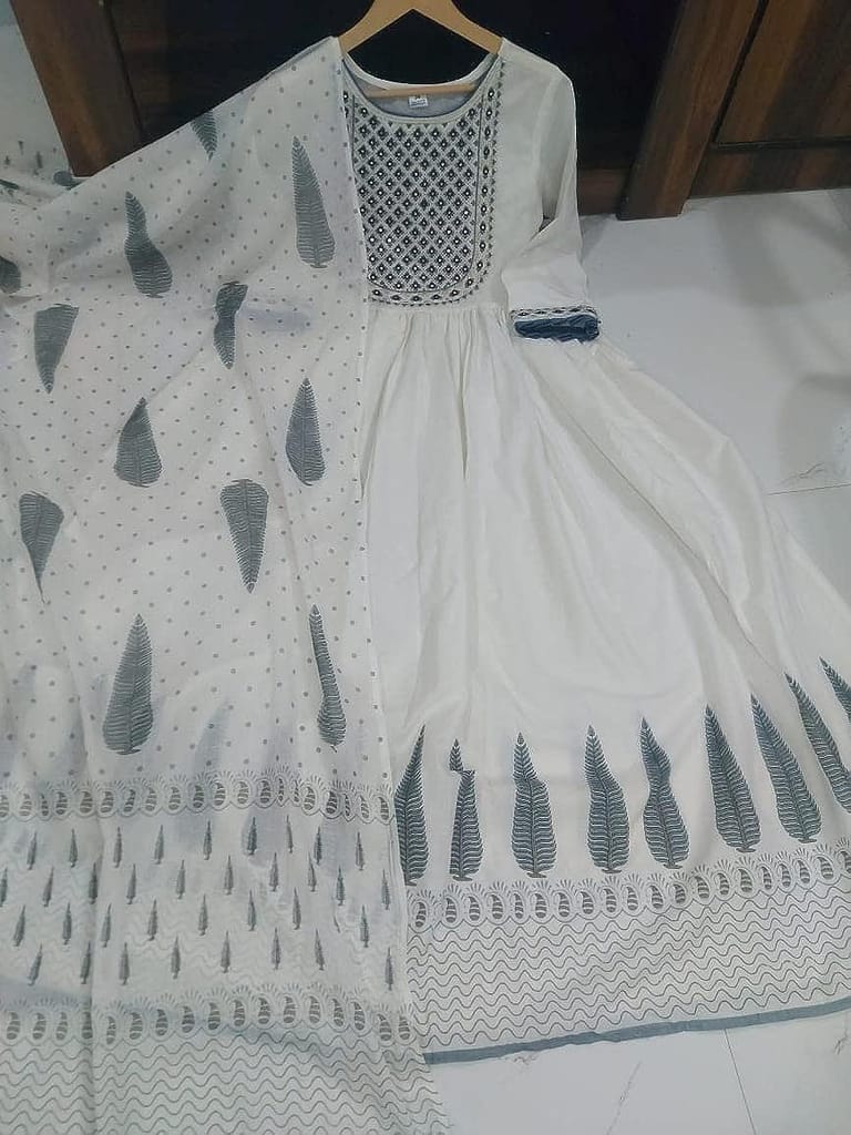 Women's Cotton Floral Print Embroidered Stitched Anarkali white&green  Stylish Kurti/Kurta Set with Pant & Dupatta in Blue