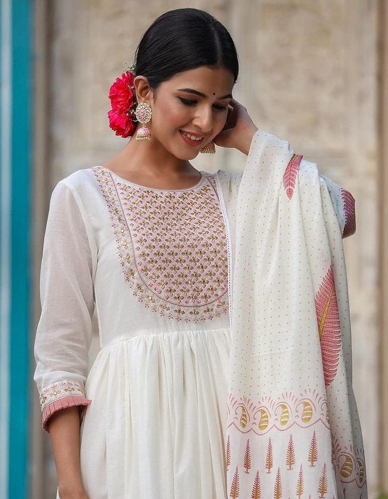 Women's Cotton Floral Print Embroidered Stitched Anarkali white color Stylish Kurti/Kurta Set with Pant & Dupatta in Pink