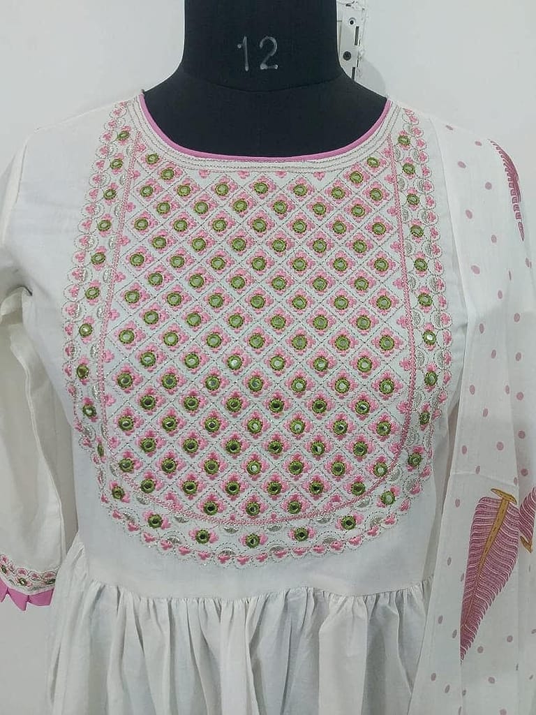 Women's Cotton Floral Print Embroidered Stitched Anarkali white color Stylish Kurti/Kurta Set with Pant & Dupatta in Pink