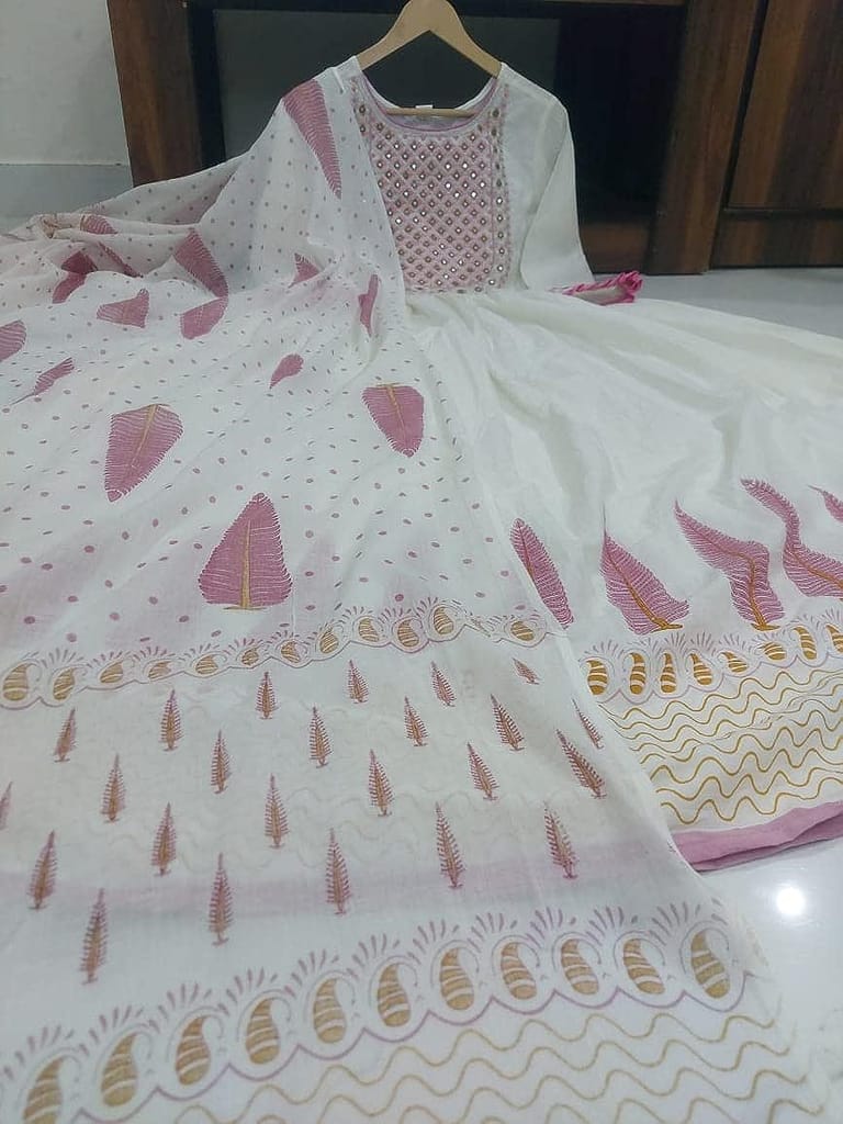 Women's Cotton Floral Print Embroidered Stitched Anarkali white color Stylish Kurti/Kurta Set with Pant & Dupatta in Pink