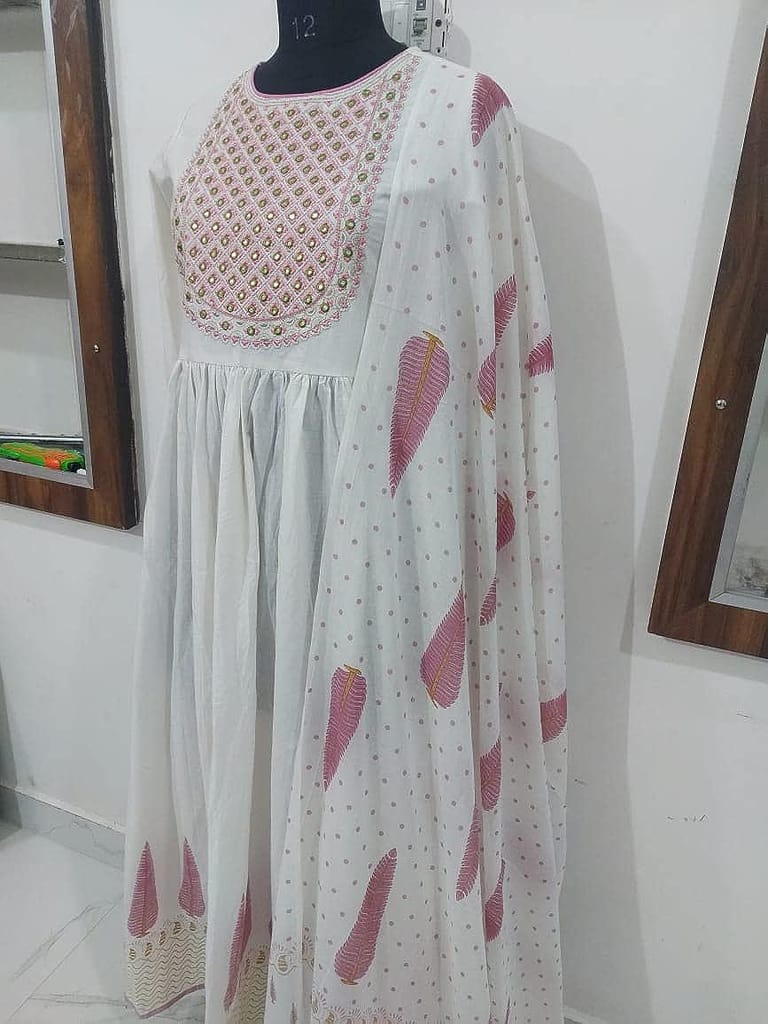 Women's Cotton Floral Print Embroidered Stitched Anarkali white color Stylish Kurti/Kurta Set with Pant & Dupatta in Pink