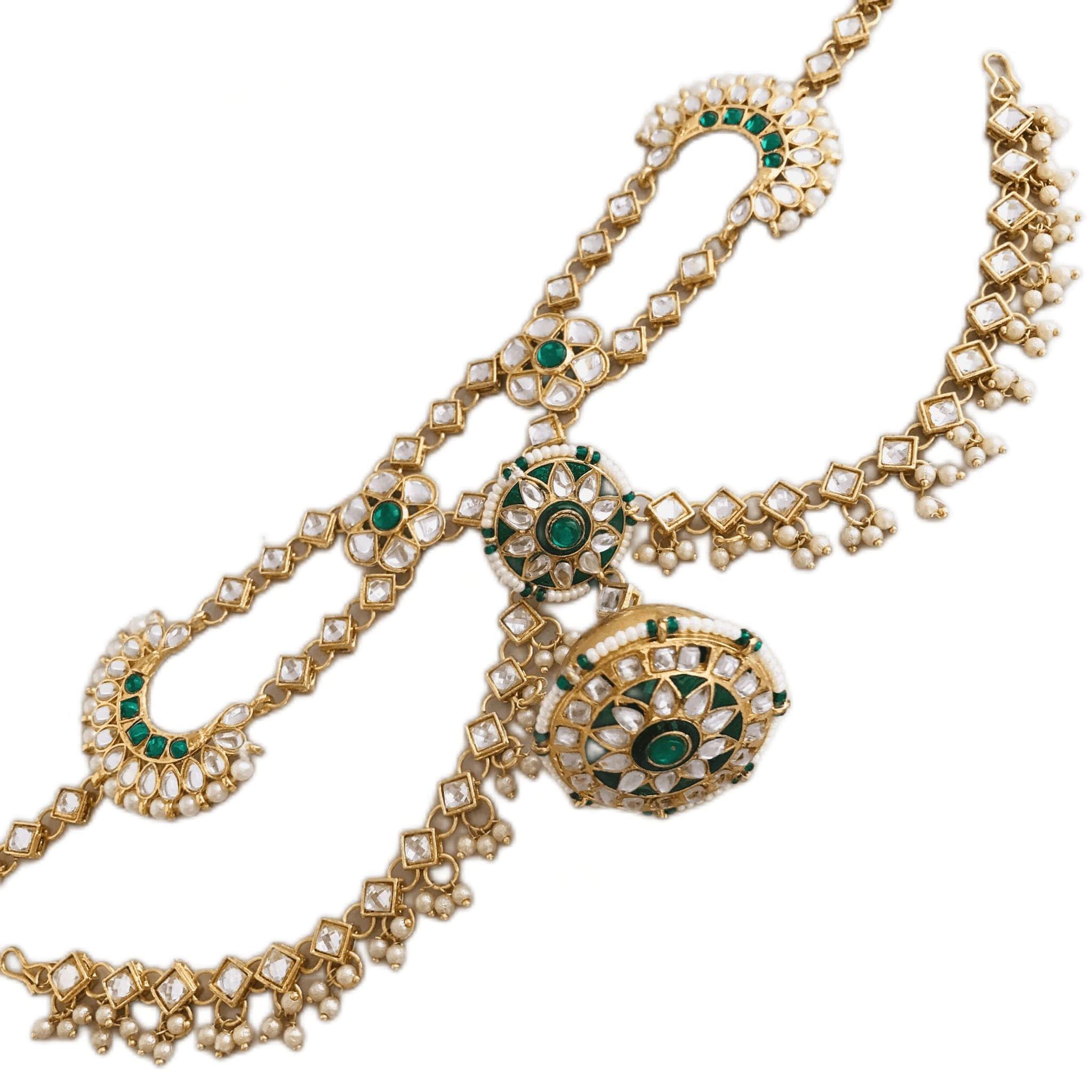 Sattyaki Gold-Plated Traditional Dulhan Bridal Multilayer Sheeshphool Rajasthani Matha patti with Large Borla in Kundan Minakari in Emerald Green For Women and Girls