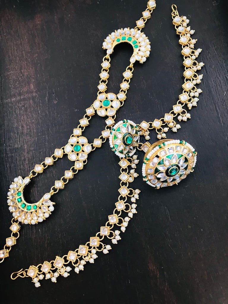 Sattyaki Gold-Plated Traditional Dulhan Bridal Multilayer Sheeshphool Rajasthani Matha patti with Large Borla in Kundan Minakari in Emerald Green For Women and Girls