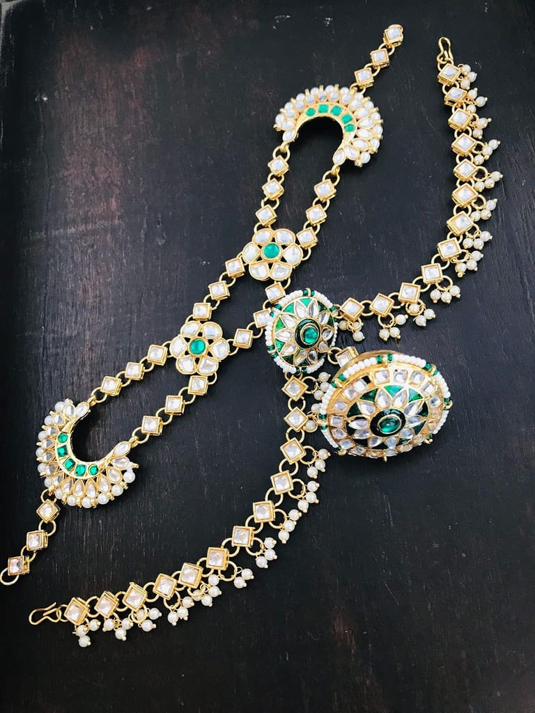 Sattyaki Gold-Plated Traditional Dulhan Bridal Multilayer Sheeshphool Rajasthani Matha patti with Large Borla in Kundan Minakari in Emerald Green For Women and Girls