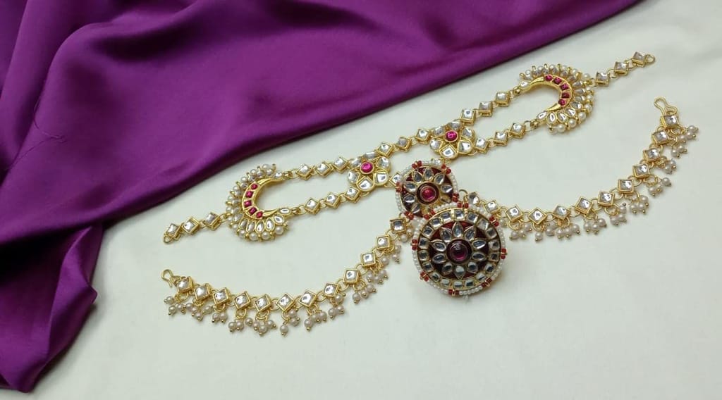 RURU Traditional Rajasthani Gold Plated Dulhan Bridal red maroon Sheeshphool Minakari and kundan work Matha Patti with Borla in Kundan and Pearls for Women and Girls