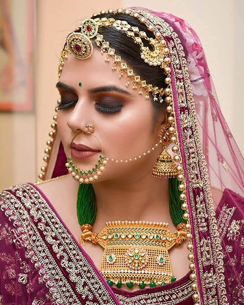 RURU Traditional Rajasthani Gold Plated Dulhan Bridal red maroon Sheeshphool Minakari and kundan work Matha Patti with Borla in Kundan and Pearls for Women and Girls