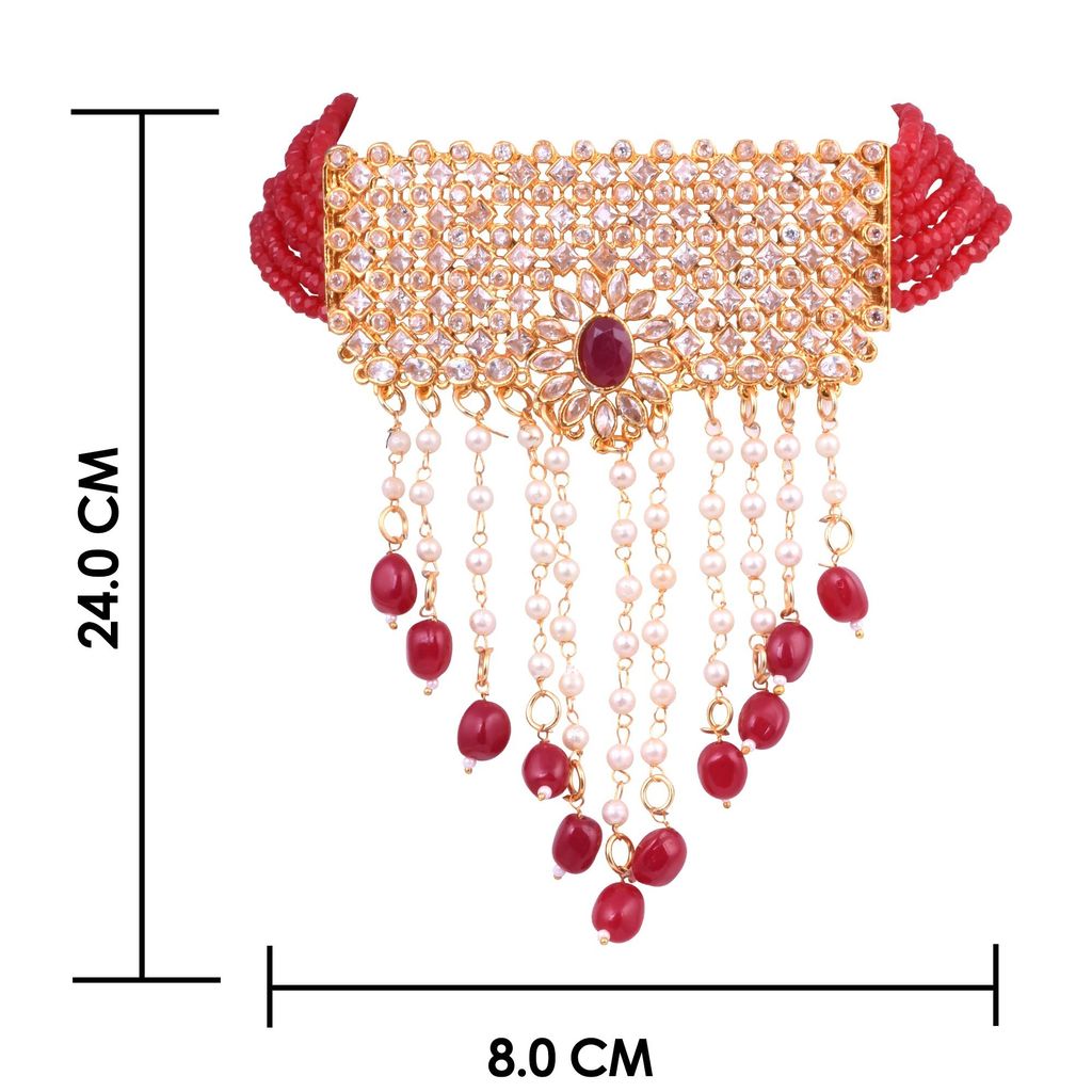 Steorra jewels Red Beads Indian Traditional Ethnic Jaipuri Wedding Style Gold Plated With Stone Pendant Jewellery Choker Necklace Set With Matching Earrings For Women (choker necklace)