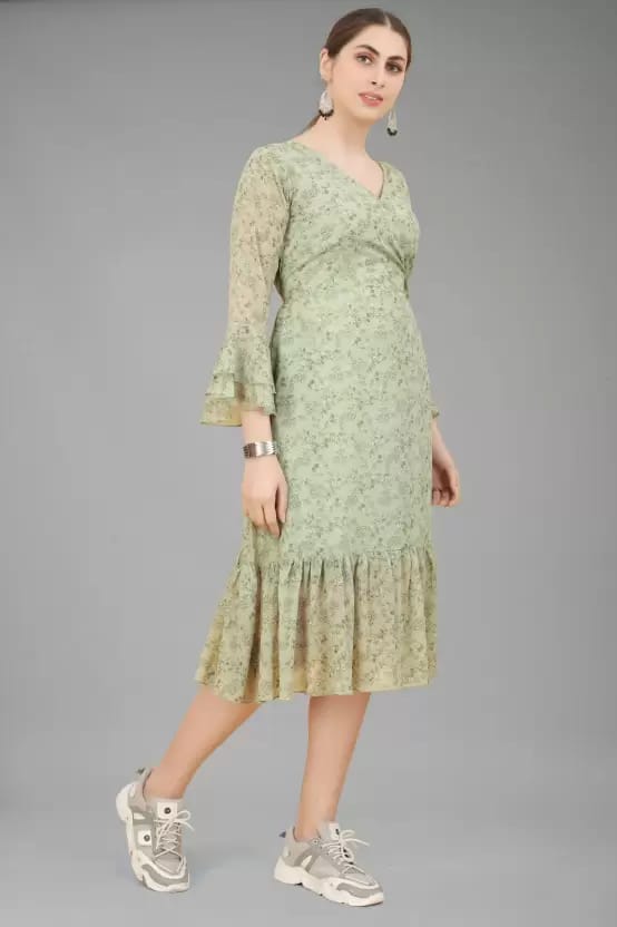 Women A-line Green Dress In Green
