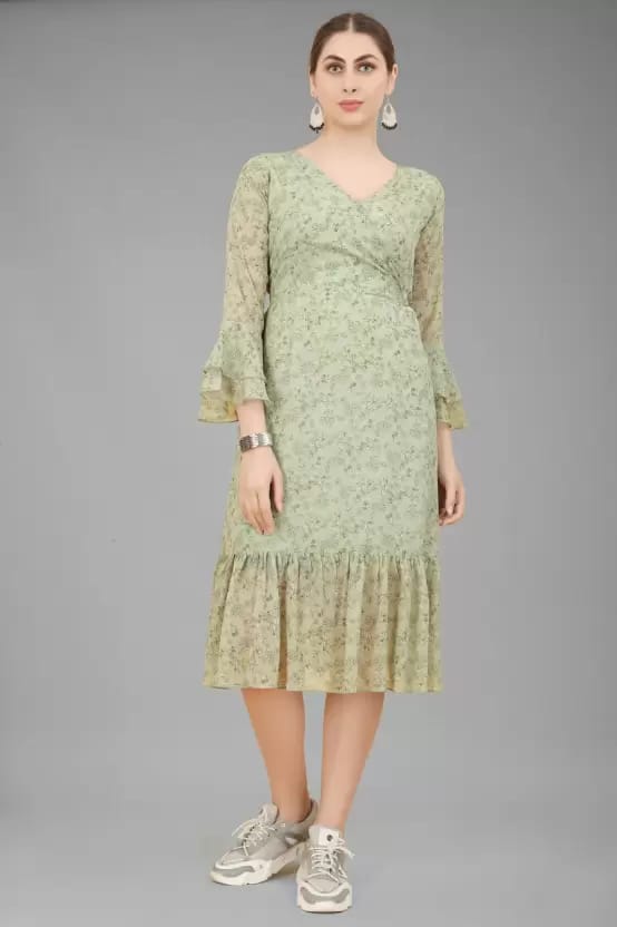 Women A-line Green Dress In Green
