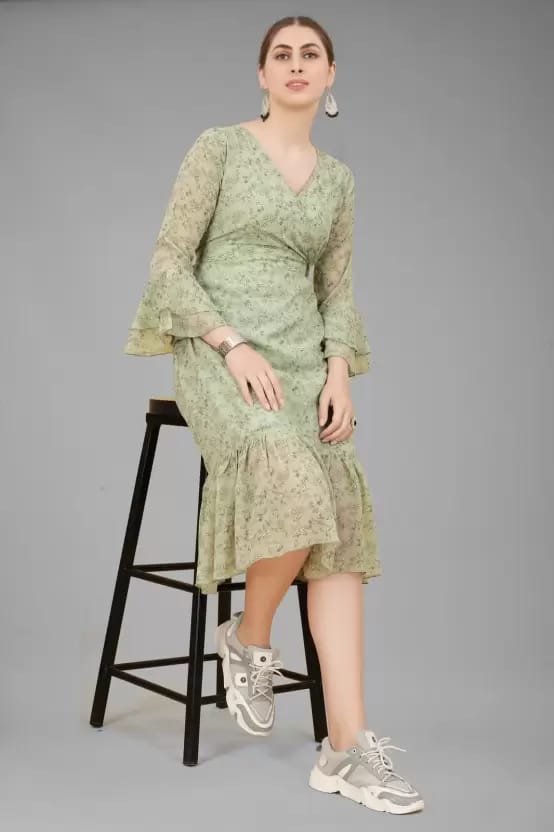 Women A-line Green Dress In Green