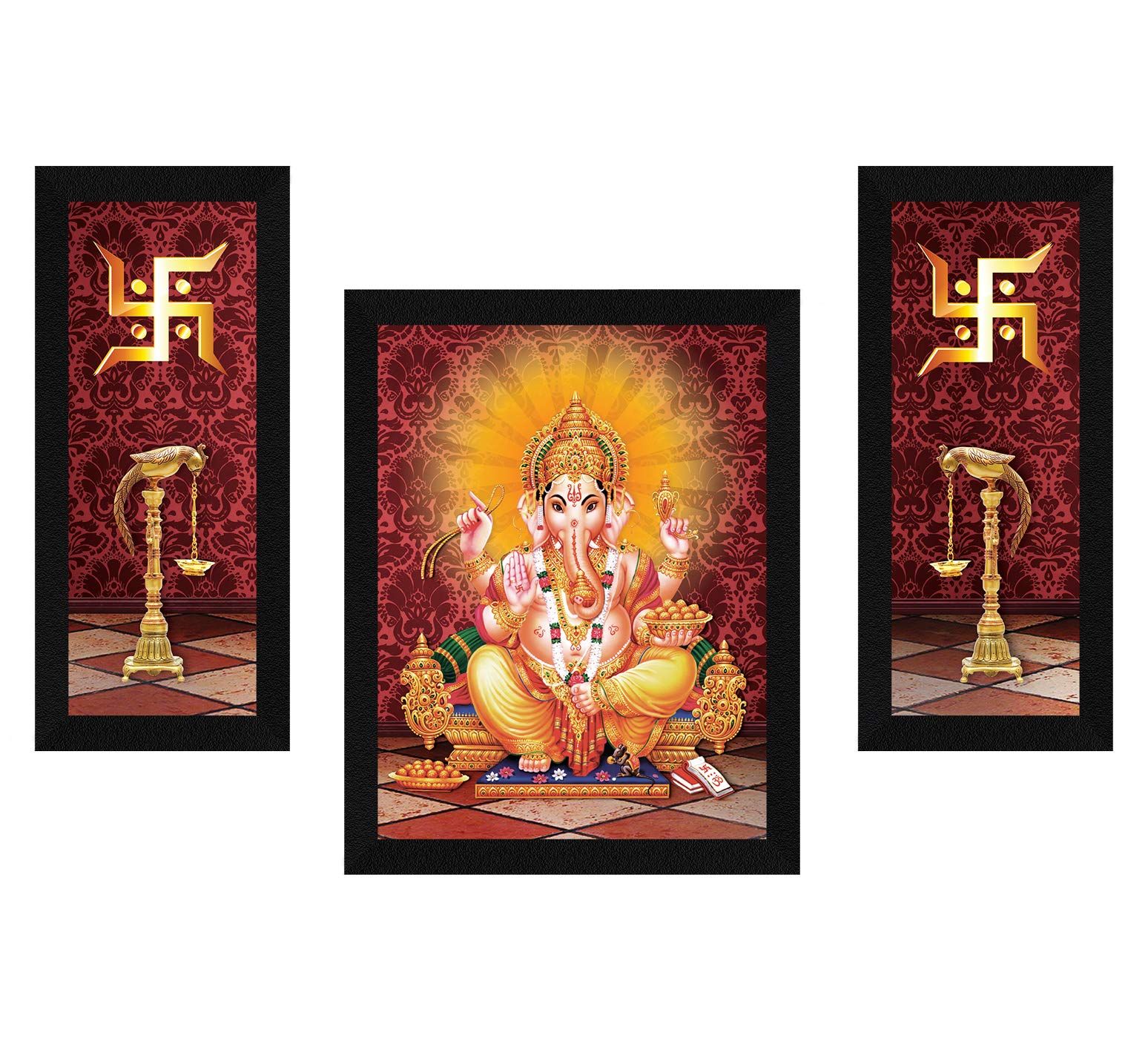 ArtX Paper God Ganesh Ji Swastika Photo Frame Wall Art Painting, Multicolor, Traditional, 13 X 22 Inches in, Set of 3
