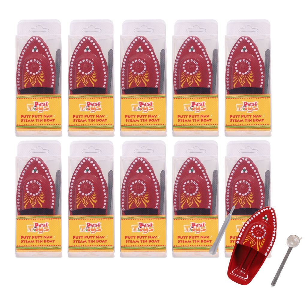 Desi Toys Putt Putt Nav |Pop Pop Steam Boat|Classic Indian Toys|Nostalgic Tin Water Toy|Free Candle & Dropper|Powered by Flame|Size - 15.2 x 6.9 x 4.1 cms for 14+ Children (Putt Putt Nav Pack of 10) - Toys and Games | Buy online on ZillyBuy