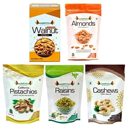 Ambrosia Walnut Kernel, Almonds, pistachio, Cashew, Raisins Dry Fruit Combos, 250g (Combo of 5)