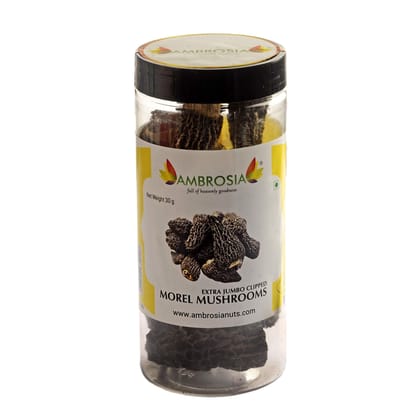 Ambrosia Dried Morel Mushrooms 30g | Jumbo Size Without Tail ( Gucci Mushroom), Dark Black, Product of Himalayas