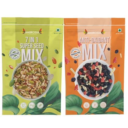 Ambrosia Trail Mix Combo Pack (2 X 200 g) | Anti-Oxidant Mix 200 g - Mixed Berries | 7-1 Super Seed Mix 200 g - Mixed Seeds with Diced Almonds