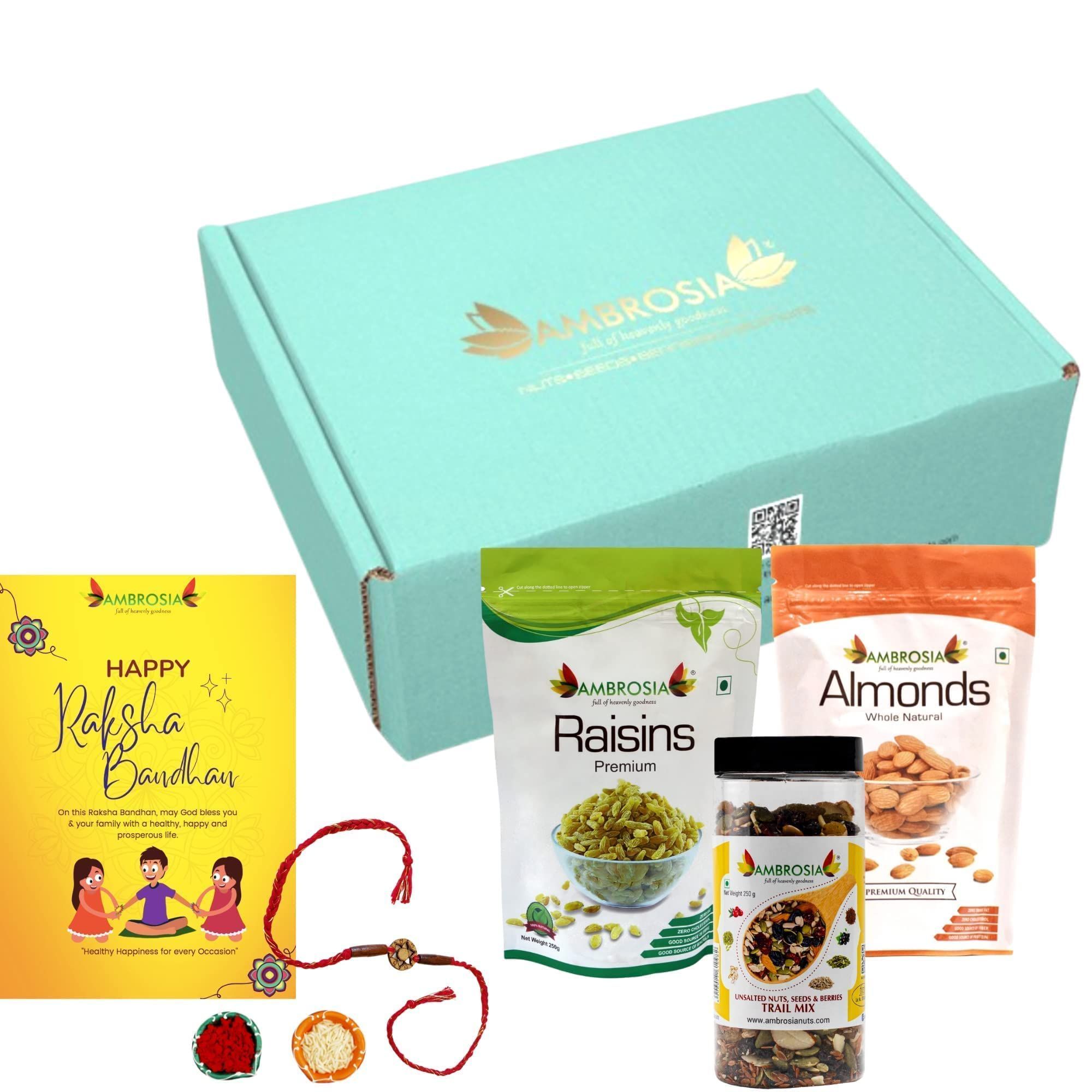 Ambrosia Dry Fruit Gift Box with Rakhi & Tikka (Almonds 250g, Raisins 250 g, Trail Mix 250 g)