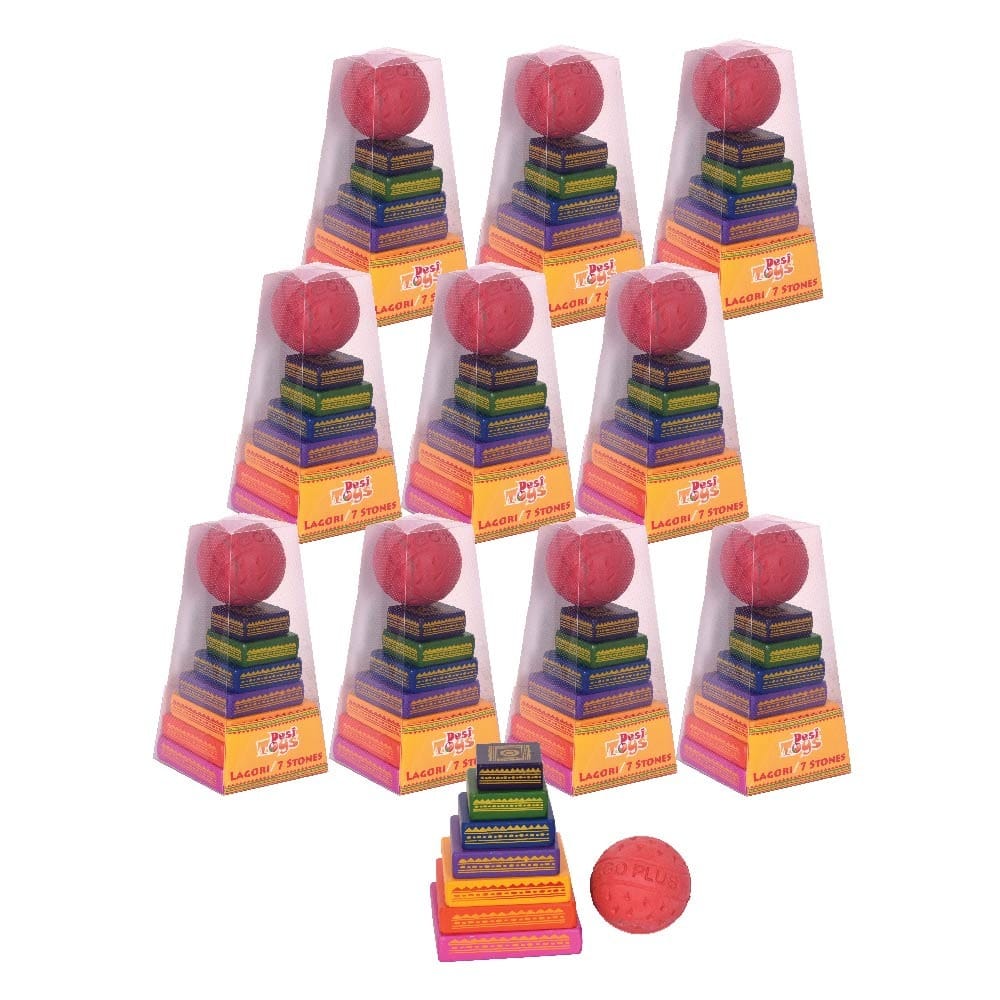 Desi Toys Lagori Pitthu Game | Handcrafted Seven Stones with a Ball | Multicolor | Traditional Indian Sitoliya | Classical & Nostalgic | Outdoor Games| for 8 Years & up (Pack of 10)
