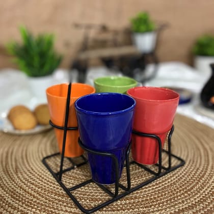CERAMIC DINING Multicolor Ceramic Tea Chuski Glasses with Hanger Set of 4